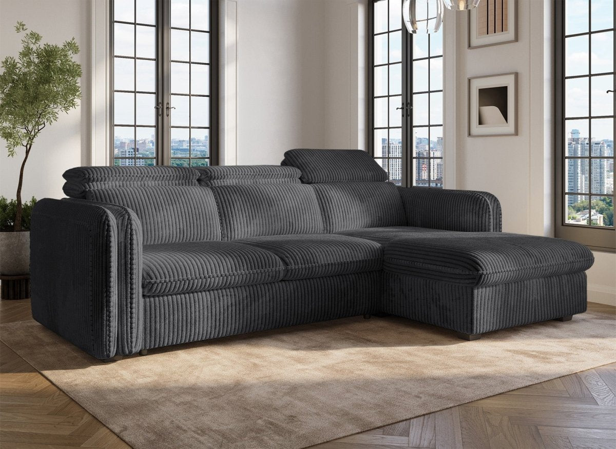 Canapé d'angle convertible en velours côtelé épais gris ISABELLA - Angle droit - DécoInParis