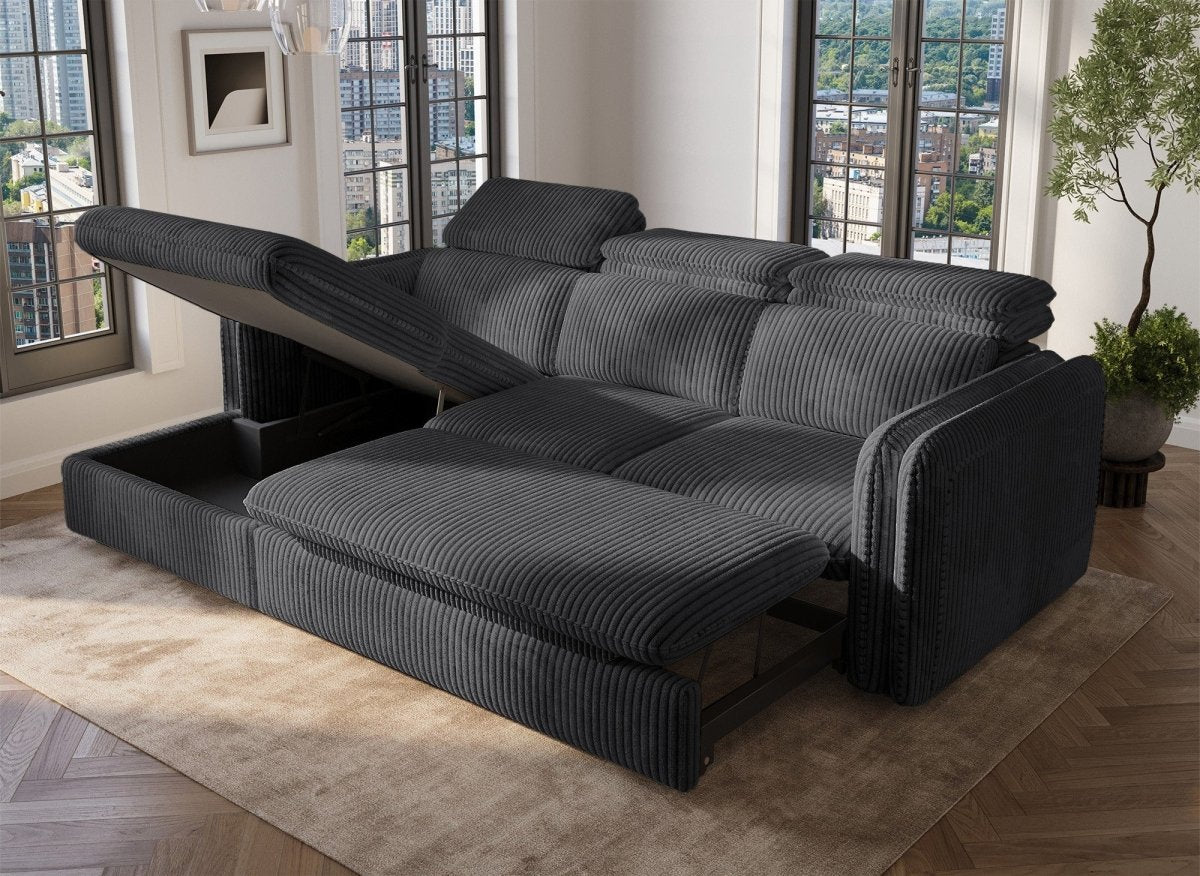 Canapé d'angle convertible en velours côtelé épais gris ISABELLA - Angle gauche - DécoInParis