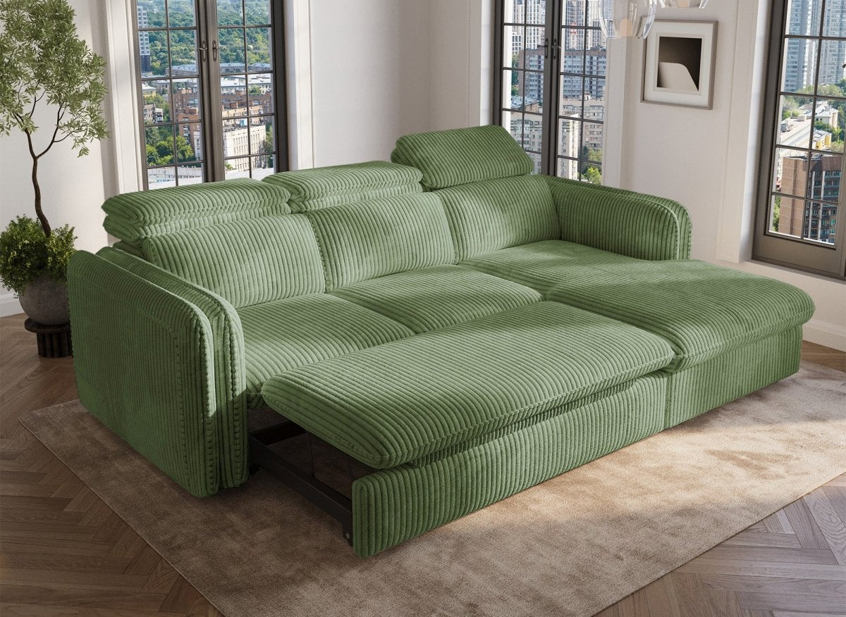 Canapé d'angle convertible en velours côtelé épais vert clair ISABELLA - Angle droit - DécoInParis