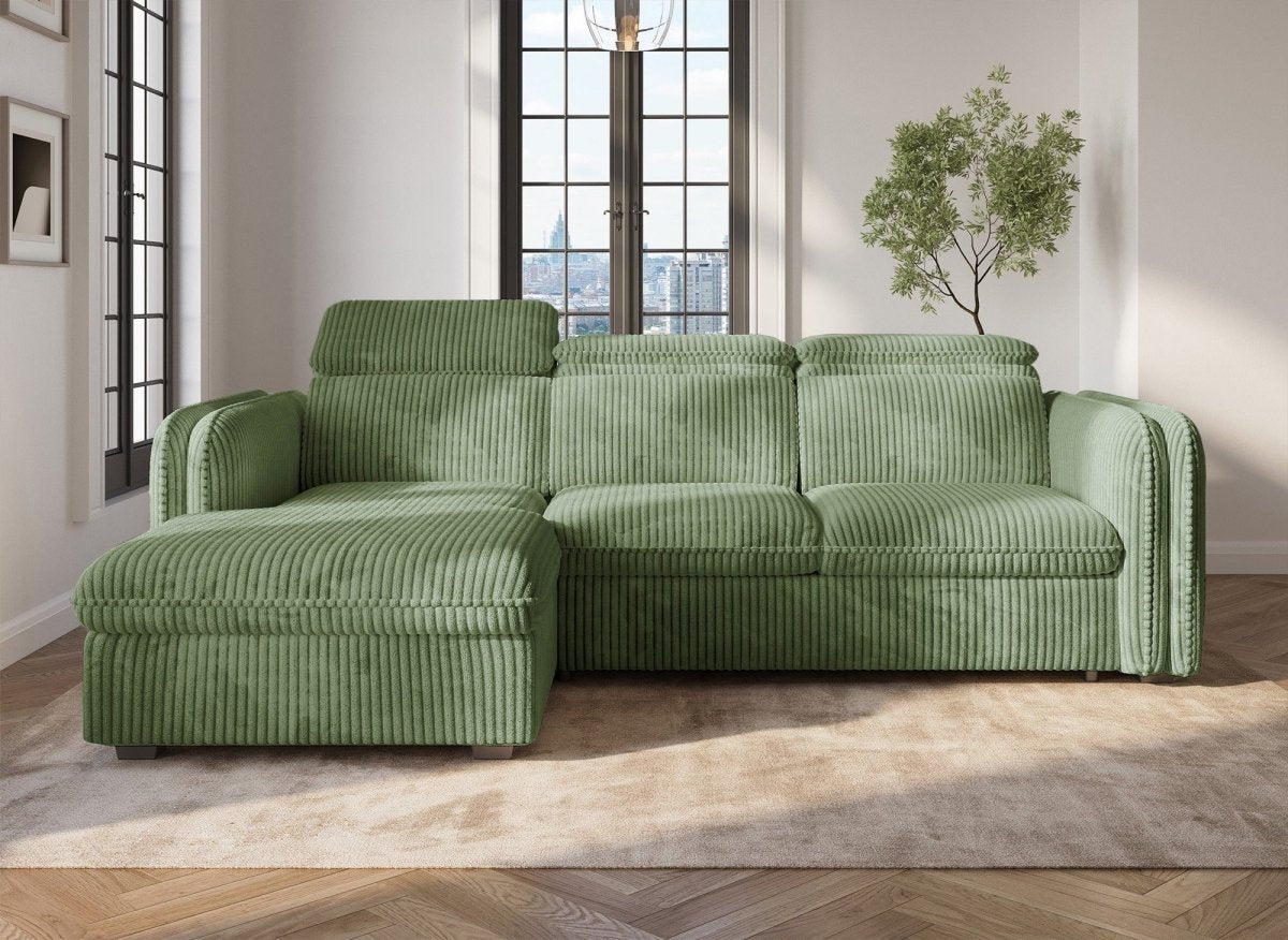 Canapé d'angle convertible en velours côtelé épais vert clair ISABELLA - Angle gauche - DécoInParis