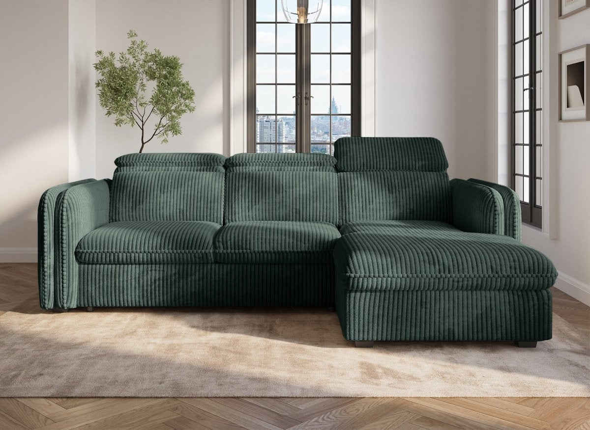 Canapé d'angle convertible en velours côtelé épais vert ISABELLA - Angle droit - DécoInParis