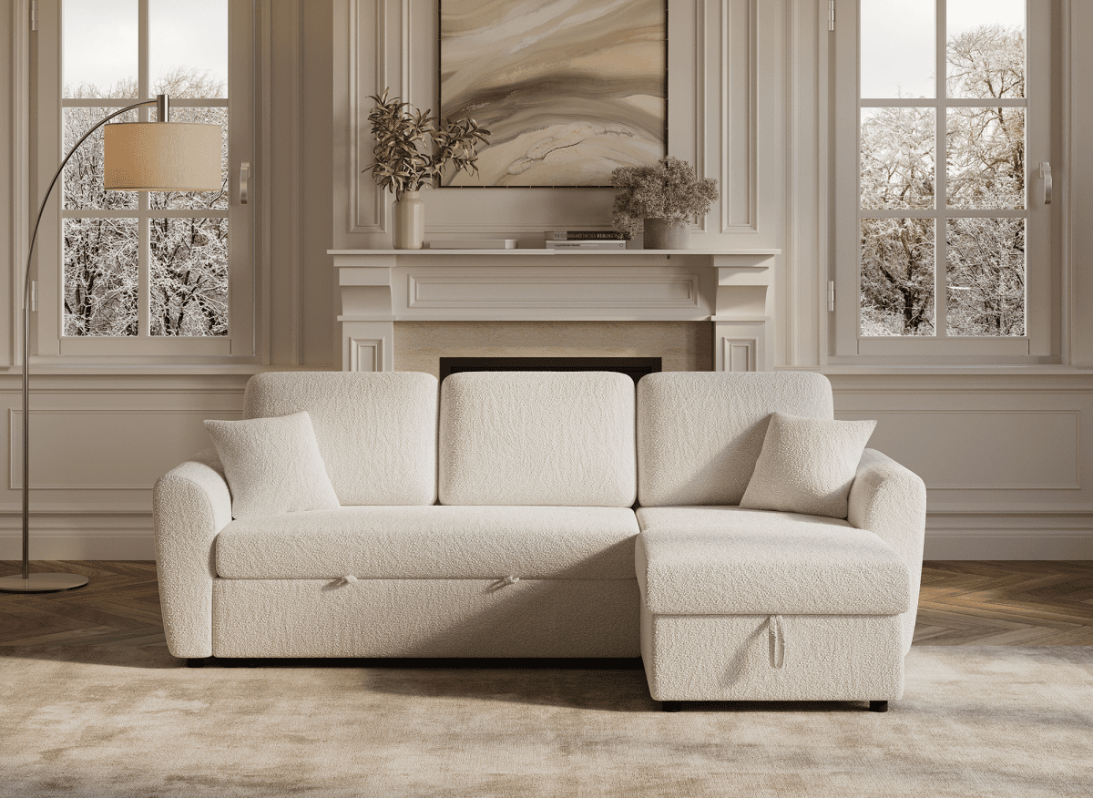 Canapé d'angle convertible et réversible avec coffre en tissu bouclette beige ADRYEN - DécoInParis