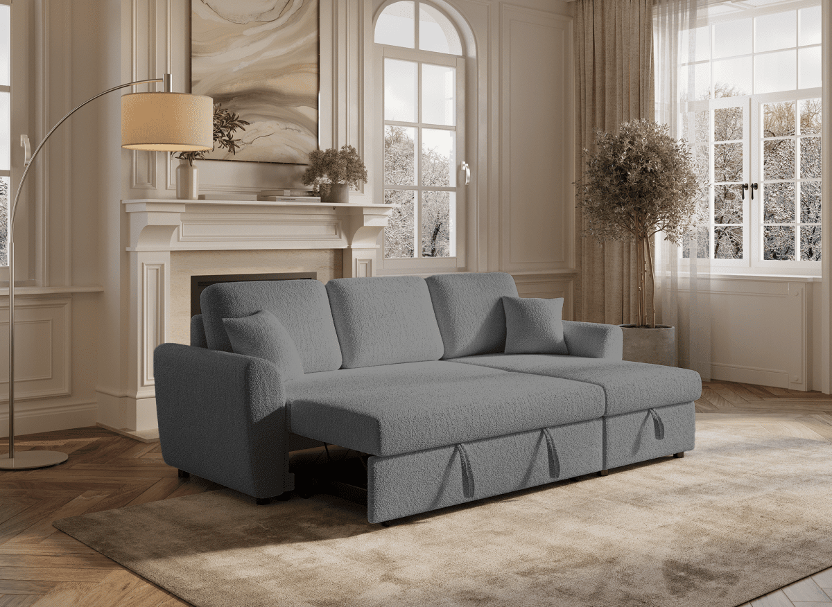 Canapé d'angle convertible et réversible avec coffre en tissu bouclette gris ADRYEN - DécoInParis