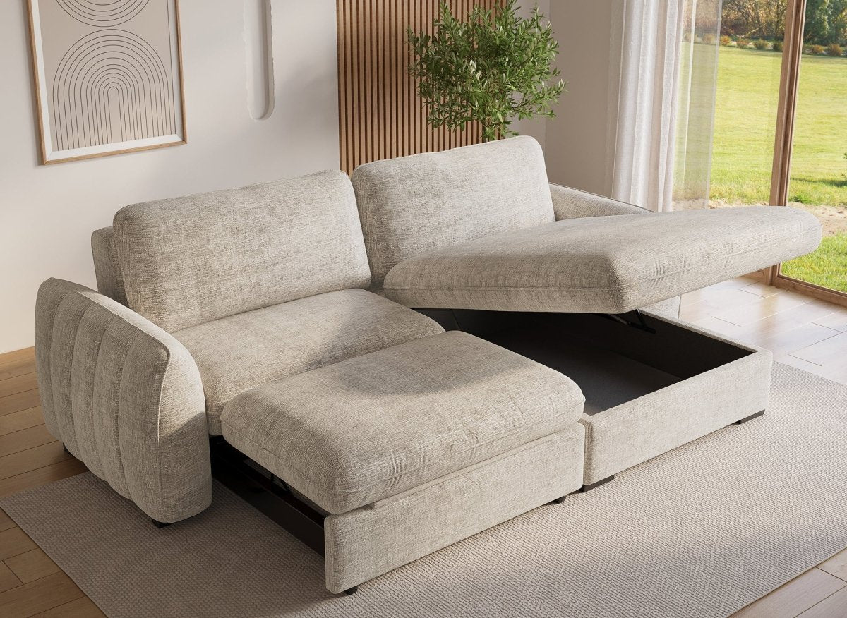 Canapé d'angle convertible et réversible avec coffre en velours chiné beige LIORA - DécoInParis