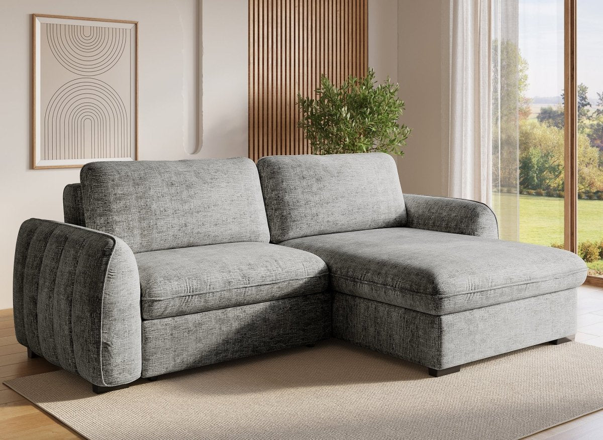 Canapé d'angle convertible et réversible avec coffre en velours chiné gris LIORA - DécoInParis