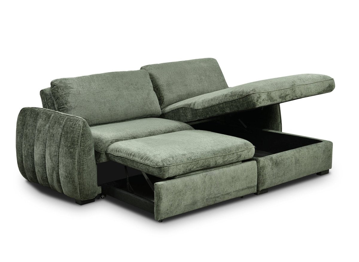 Canapé d'angle convertible et réversible avec coffre en velours chiné vert kaki LIORA - DécoInParis