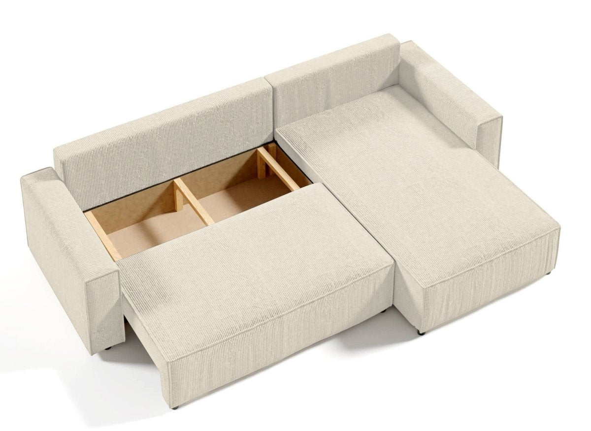 Canapé d'angle convertible et réversible avec coffre en velours cotelé beige JADE - DécoInParis