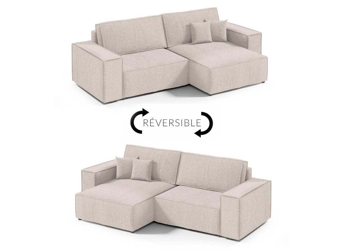 Canapé d'angle convertible et réversible avec coffre en velours côtelé beige JADE MINI - DécoInParis