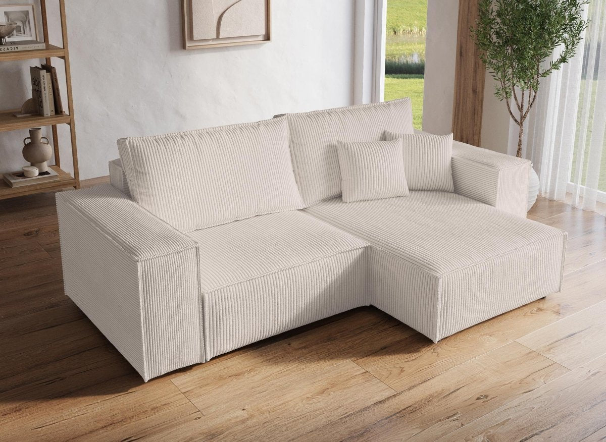 Canapé d'angle convertible et réversible avec coffre en velours côtelé beige JADE MINI - DécoInParis