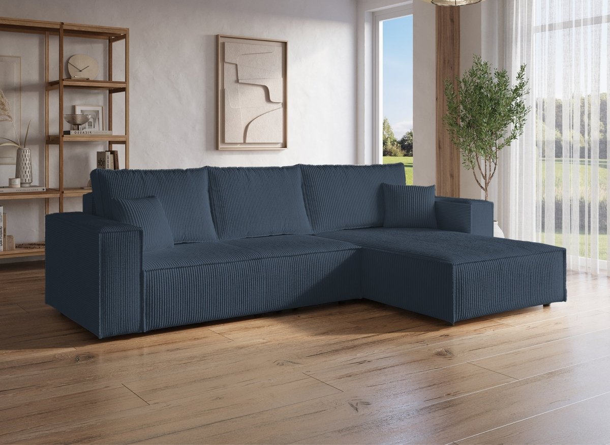 Canapé d'angle convertible et réversible avec coffre en velours cotelé bleu foncé - JADE - DécoInParis