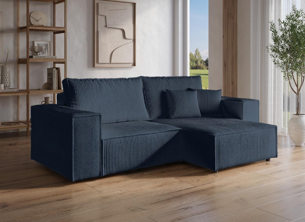 Canapé d'angle convertible et réversible avec coffre en velours côtelé bleu JADE MINI - DécoInParis