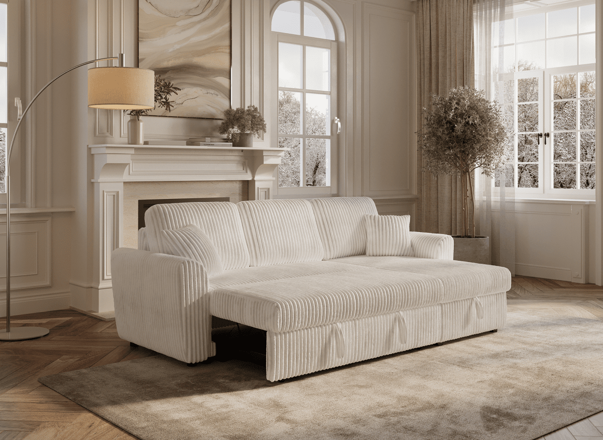 Canapé d'angle convertible et réversible avec coffre en velours côtelé épais beige ADRYEN - DécoInParis