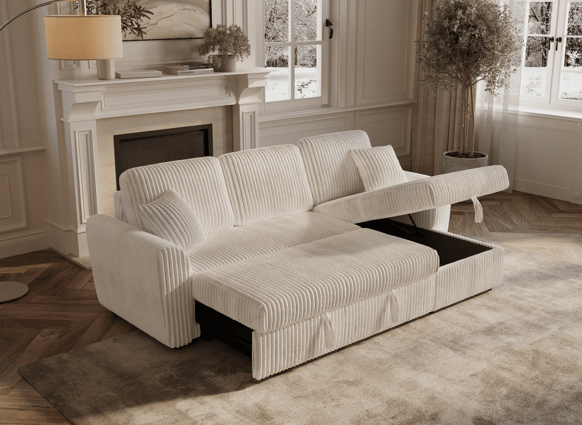 Canapé d'angle convertible et réversible avec coffre en velours côtelé épais beige ADRYEN - DécoInParis