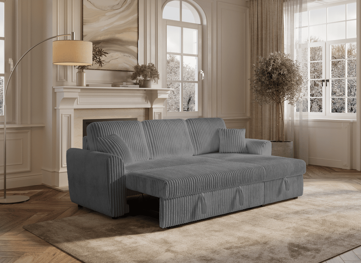 Canapé d'angle convertible et réversible avec coffre en velours côtelé épais gris ADRYEN - DécoInParis