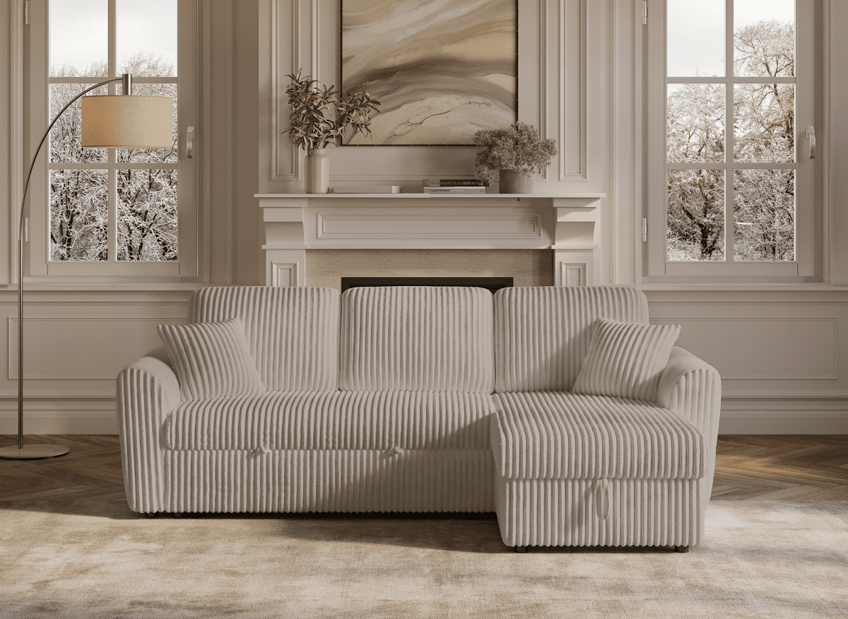 Canapé d'angle convertible et réversible avec coffre en velours côtelé épais taupe ADRYEN - DécoInParis