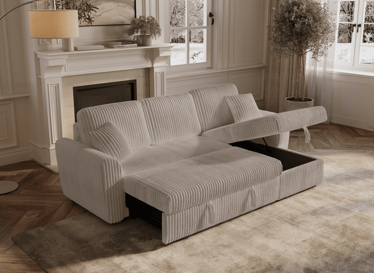 Canapé d'angle convertible et réversible avec coffre en velours côtelé épais taupe ADRYEN - DécoInParis