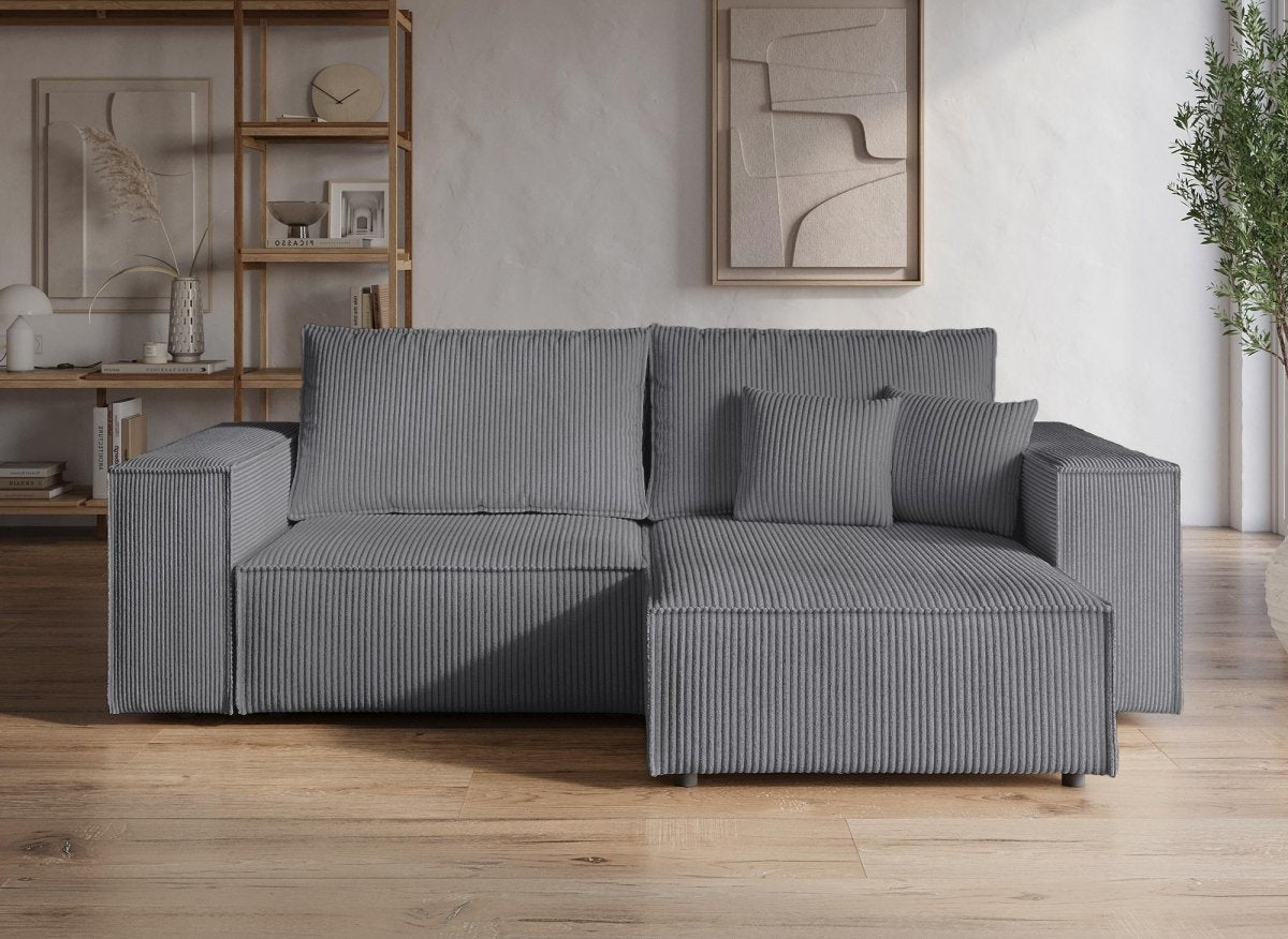 Canapé d'angle convertible et réversible avec coffre en velours côtelé gris anthracite JADE MINI - DécoInParis