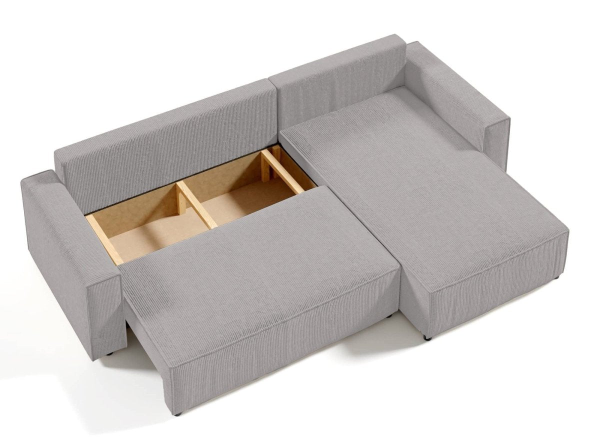 Canapé d'angle convertible et réversible avec coffre en velours cotelé gris clair - JADE - DécoInParis