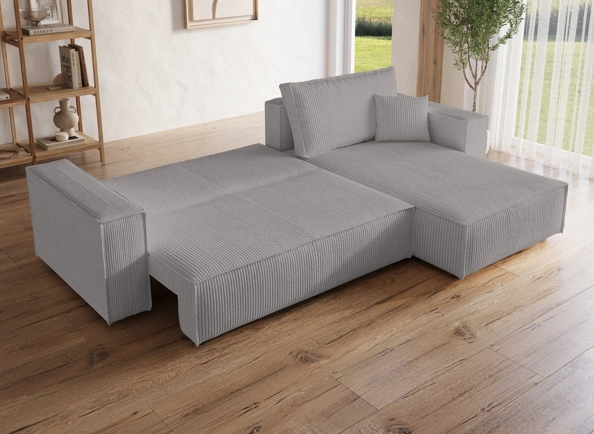 Canapé d'angle convertible et réversible avec coffre en velours cotelé gris clair - JADE - DécoInParis