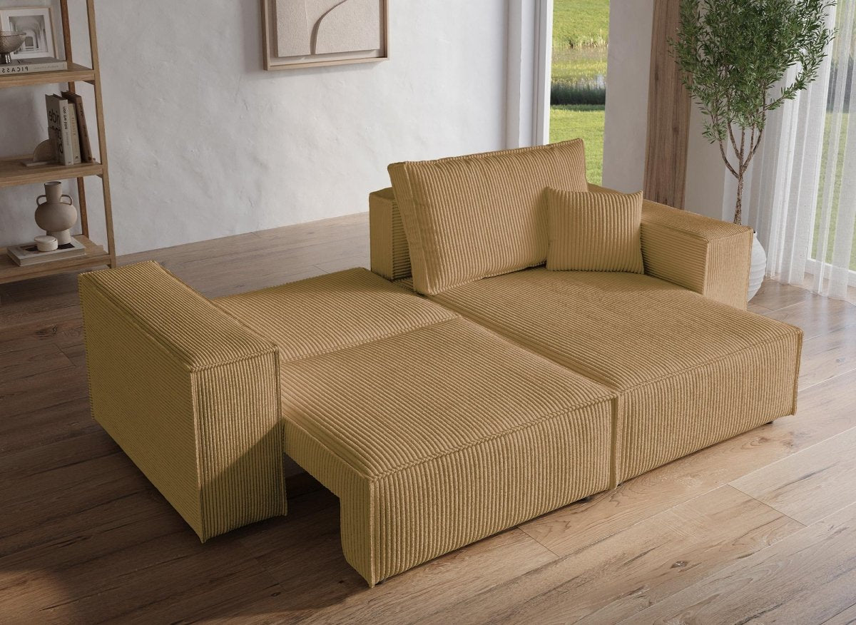 Canapé d'angle convertible et réversible avec coffre en velours côtelé moutarde JADE MINI - DécoInParis