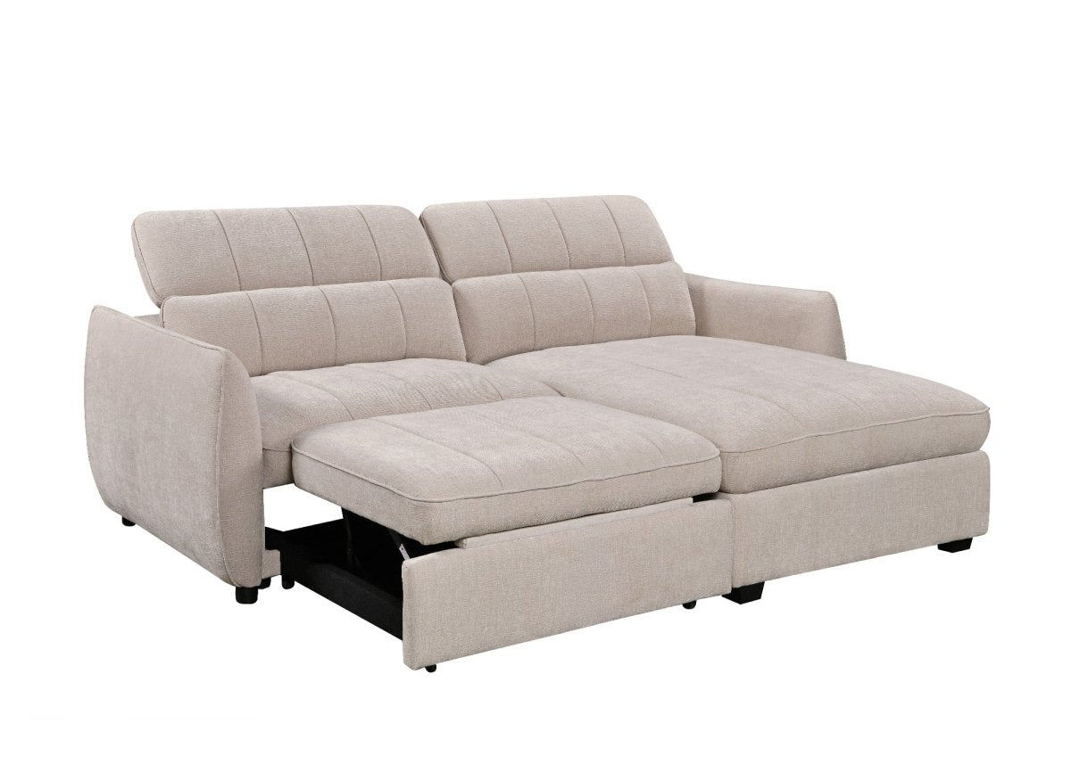 Canapé d'angle convertible et réversible avec coffre en velours tissé beige MADALENA - DécoInParis