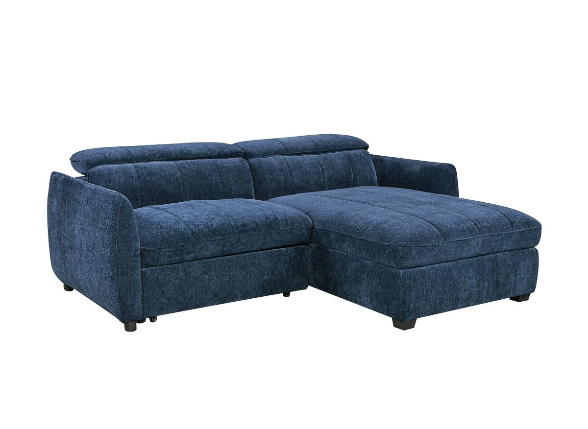 Canapé d'angle convertible et réversible avec coffre en velours tissé bleu MADALENA - DécoInParis