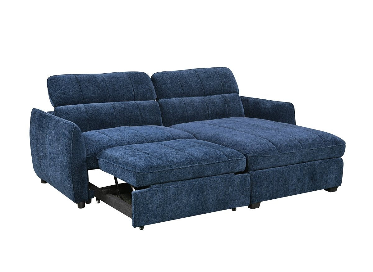 Canapé d'angle convertible et réversible avec coffre en velours tissé bleu MADALENA - DécoInParis