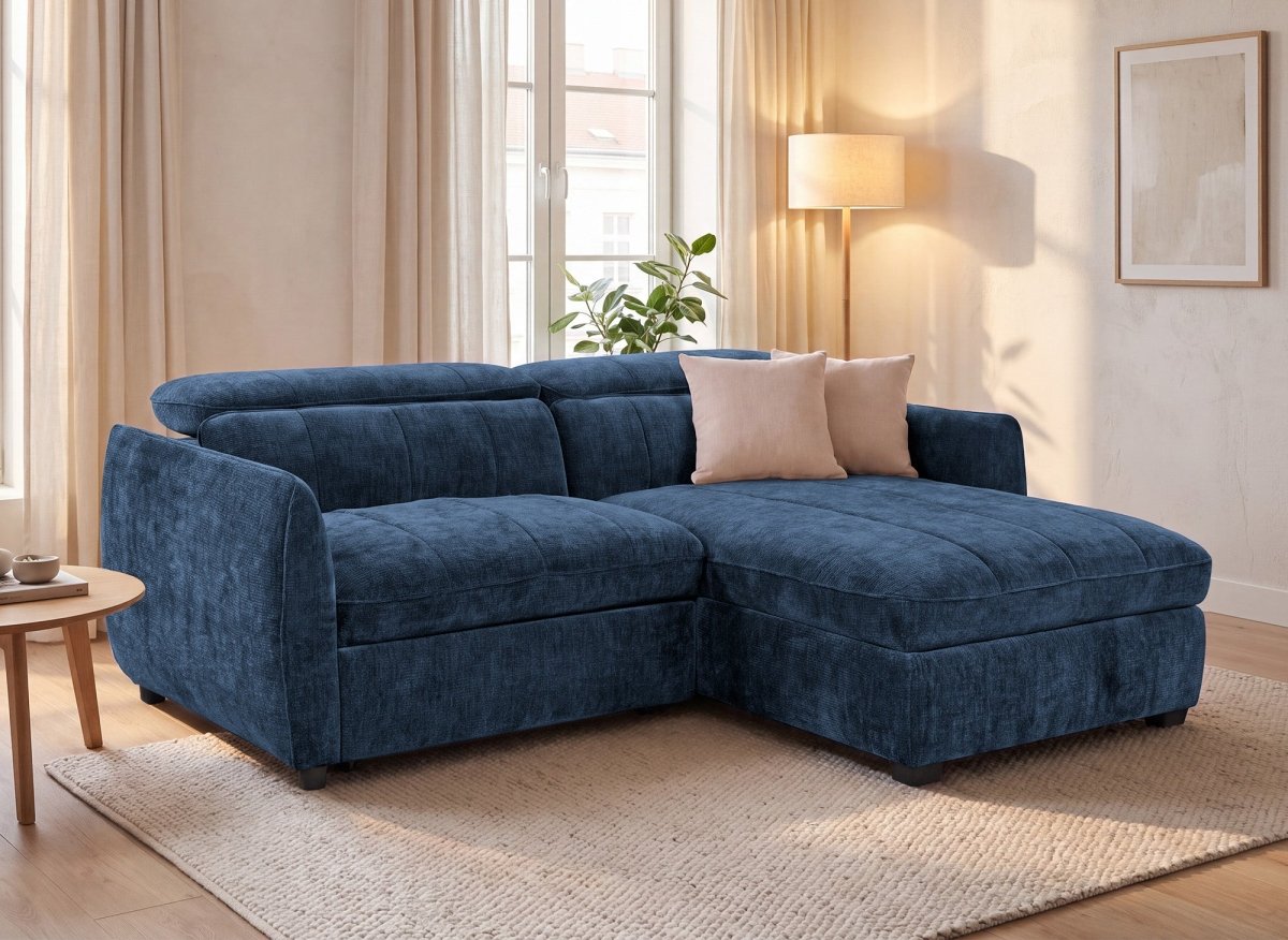Canapé d'angle convertible et réversible avec coffre en velours tissé bleu MADALENA - DécoInParis