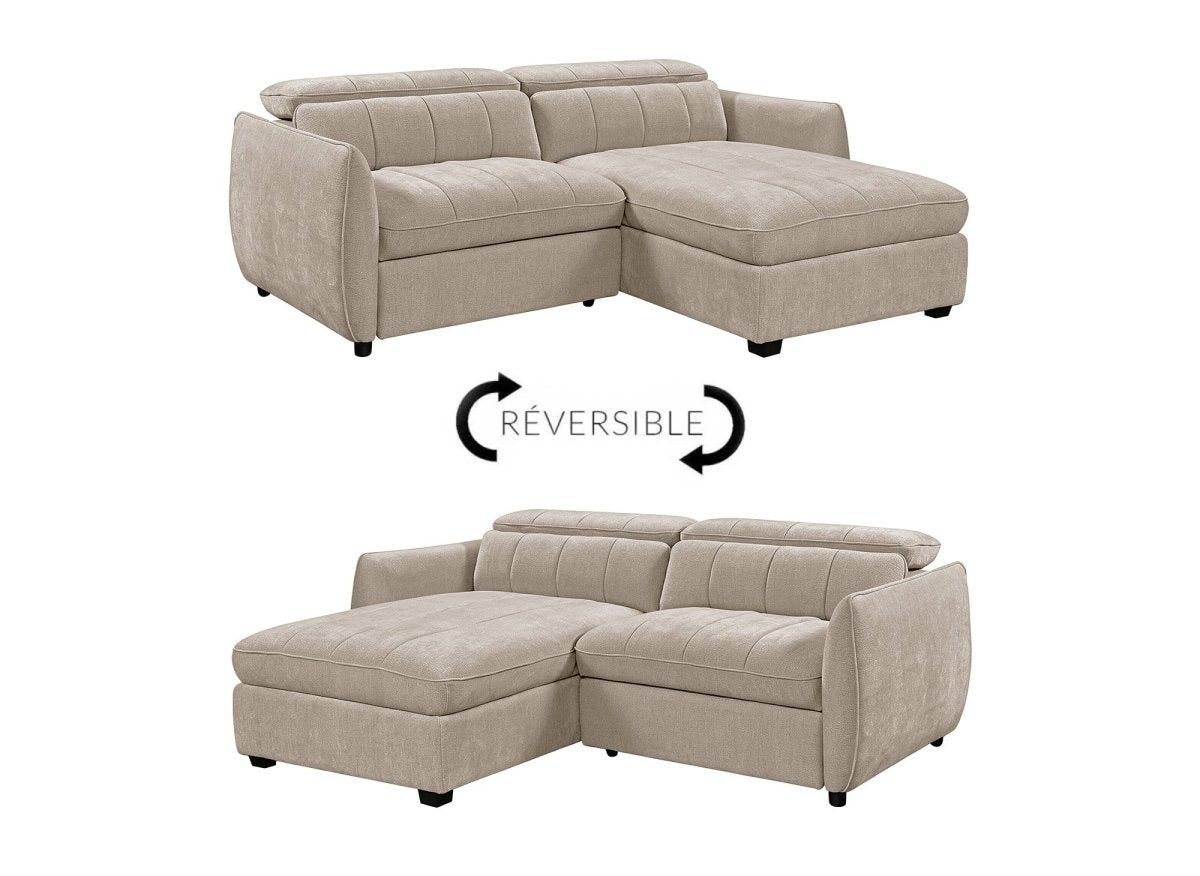 Canapé d'angle convertible et réversible avec coffre en velours tissé taupe MADALENA - DécoInParis