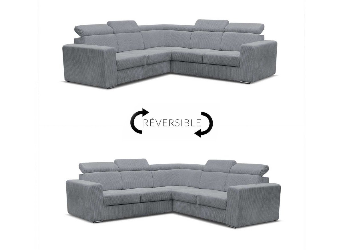 Canapé d'angle convertible et réversible en velours côtelé gris clair MERYL - DécoInParis