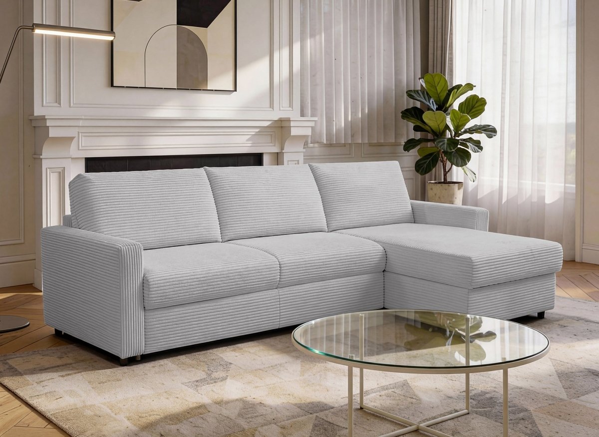 Canapé d'angle convertible et réversible ouverture express en velours côtelé gris JULIETTE - DécoInParis