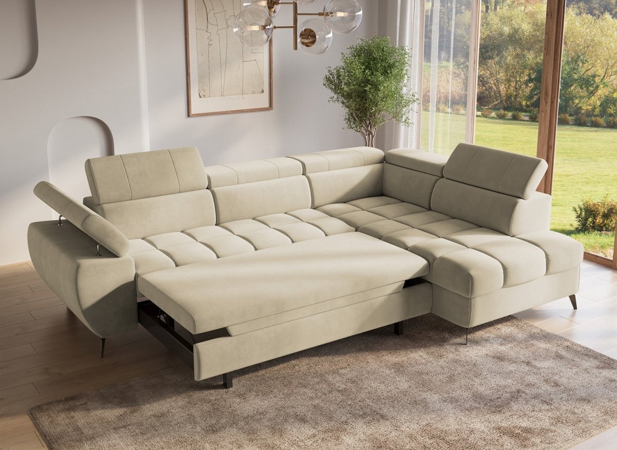 Canapé d'angle convertible matelassé avec coffre en velours beige LUCIANO - Angle droit - DécoInParis