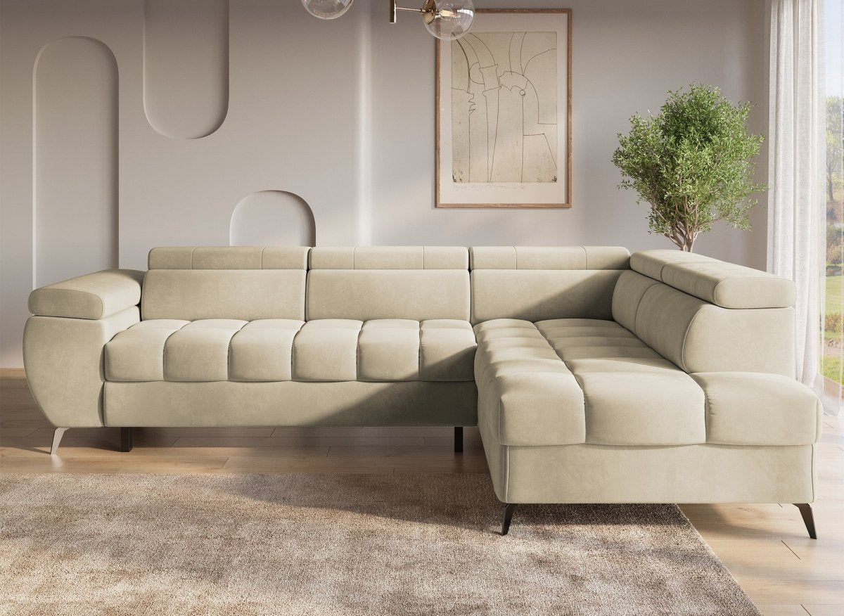 Canapé d'angle convertible matelassé avec coffre en velours beige LUCIANO - Angle droit - DécoInParis
