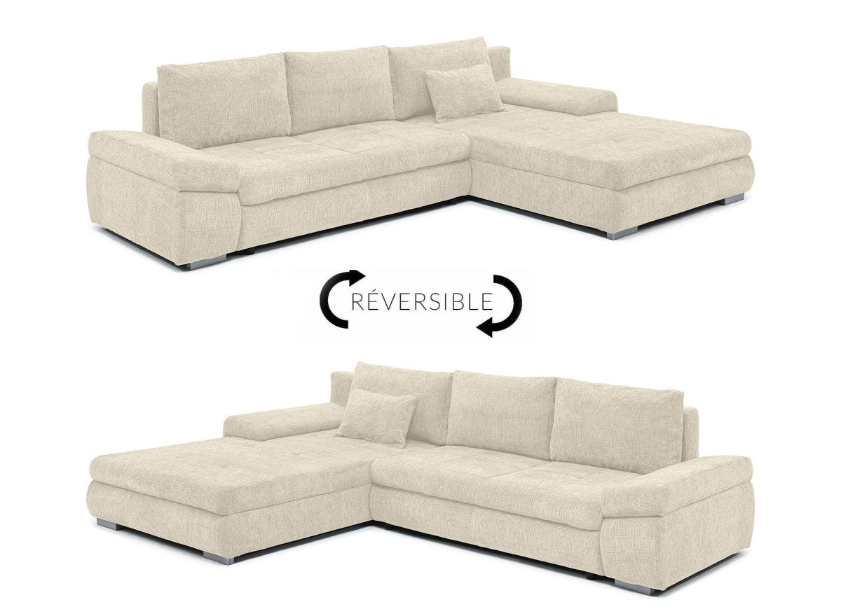 Canapé d'angle convertible réversible avec coffre en velours chiné beige SOLEA - DécoInParis
