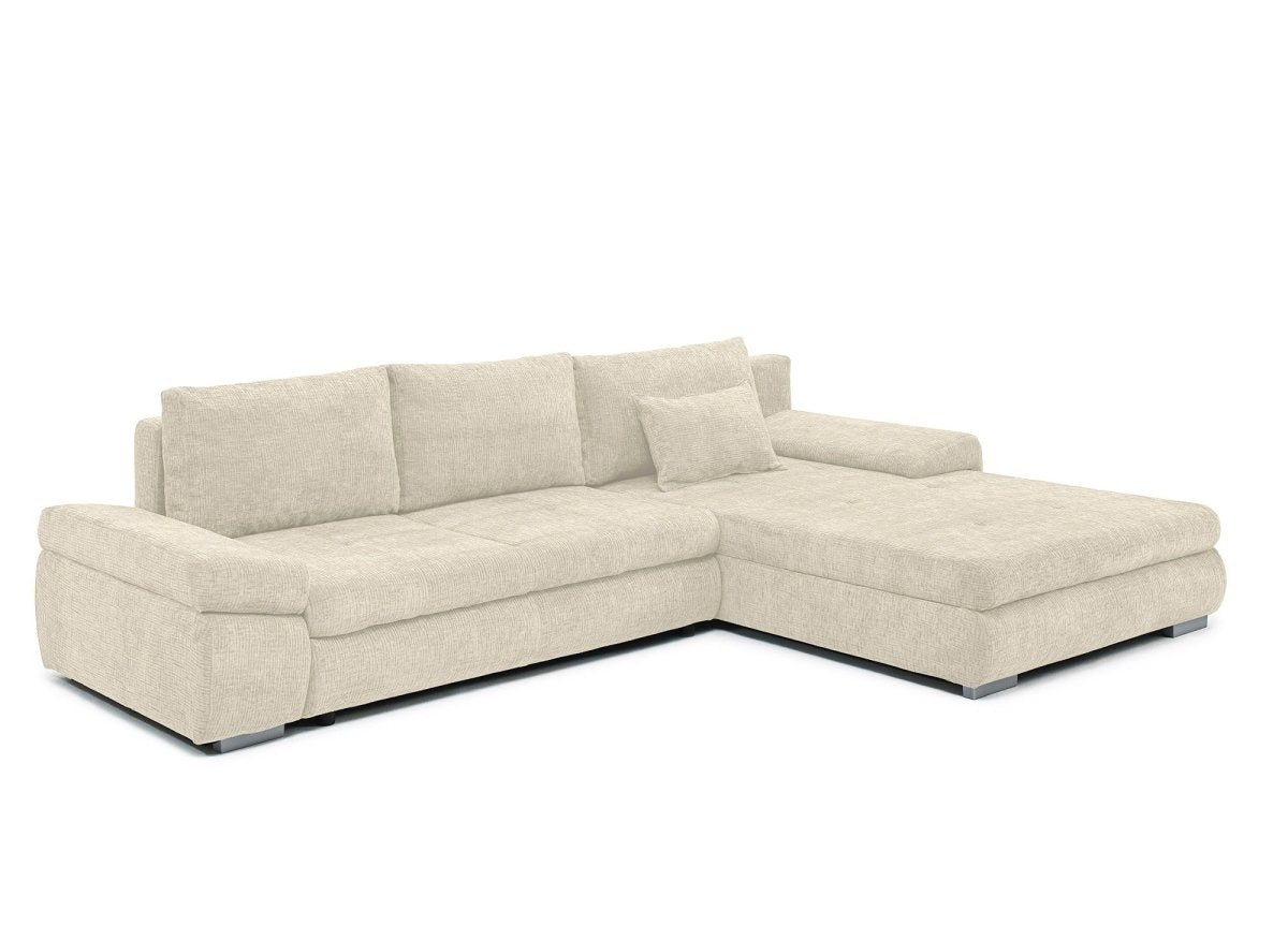 Canapé d'angle convertible réversible avec coffre en velours chiné beige SOLEA - DécoInParis