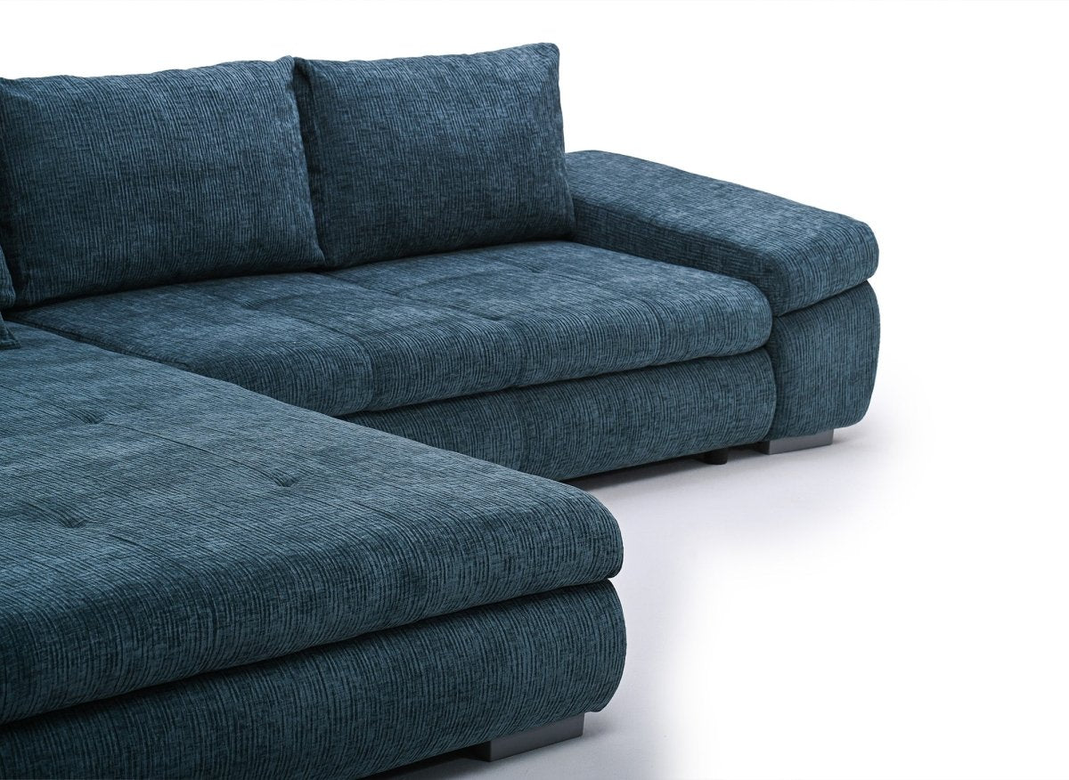 Canapé d'angle convertible réversible avec coffre en velours chiné bleu pétrole SOLEA - DécoInParis