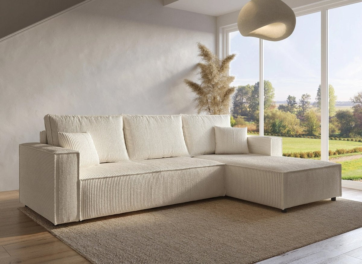 Canapé d'angle convertible réversible avec coffre en velours côtelé beige SYNA - DécoInParis