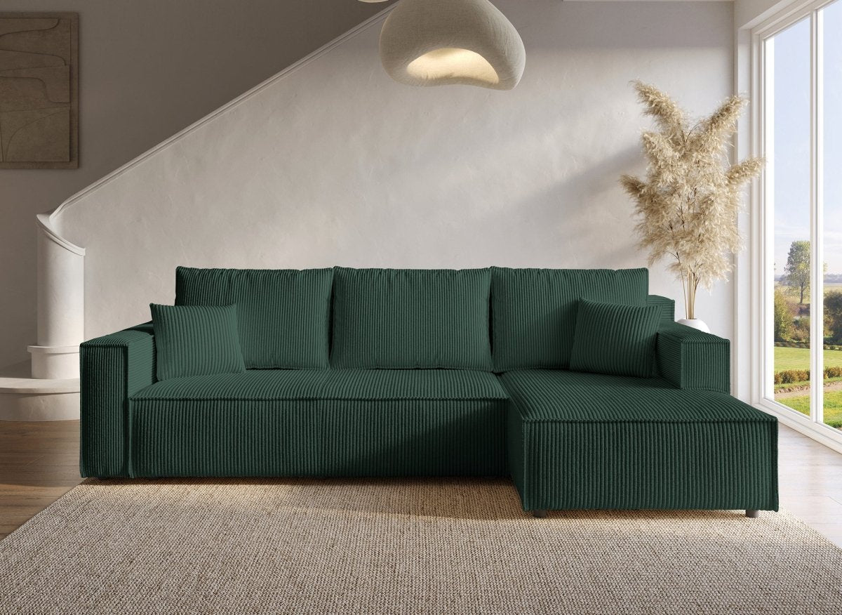 Canapé d'angle convertible réversible avec coffre en velours côtelé vert SYNA - DécoInParis