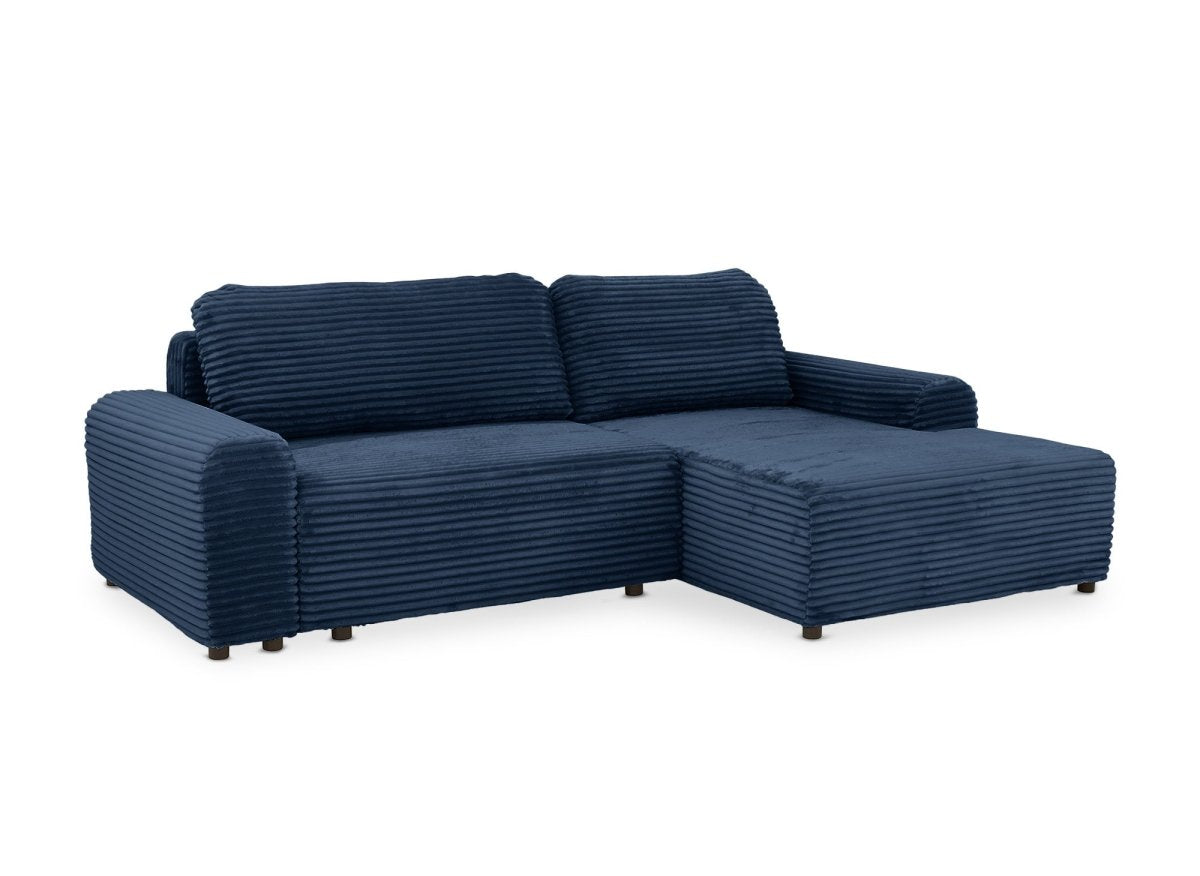 Canapé d'angle droit convertible avec coffre en velours côtelé épais bleu foncé BALI - Angle droit - DécoInParis
