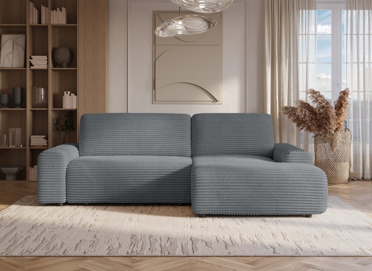 Canapé d'angle droit convertible avec coffre en velours côtelé épais gris foncé BALI - Angle droit - DécoInParis