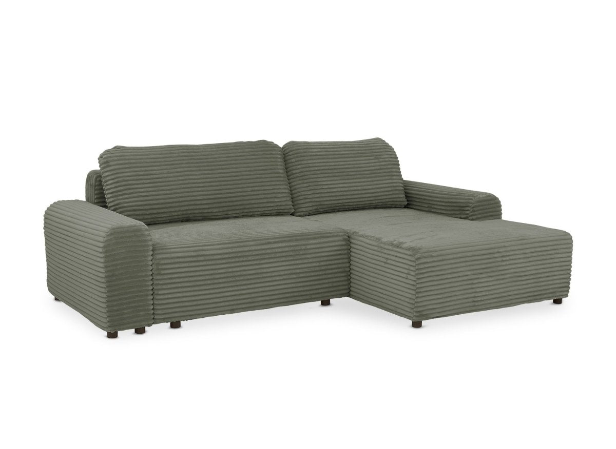 Canapé d'angle droit convertible avec coffre en velours côtelé épais vert kaki BALI - Angle droit - DécoInParis