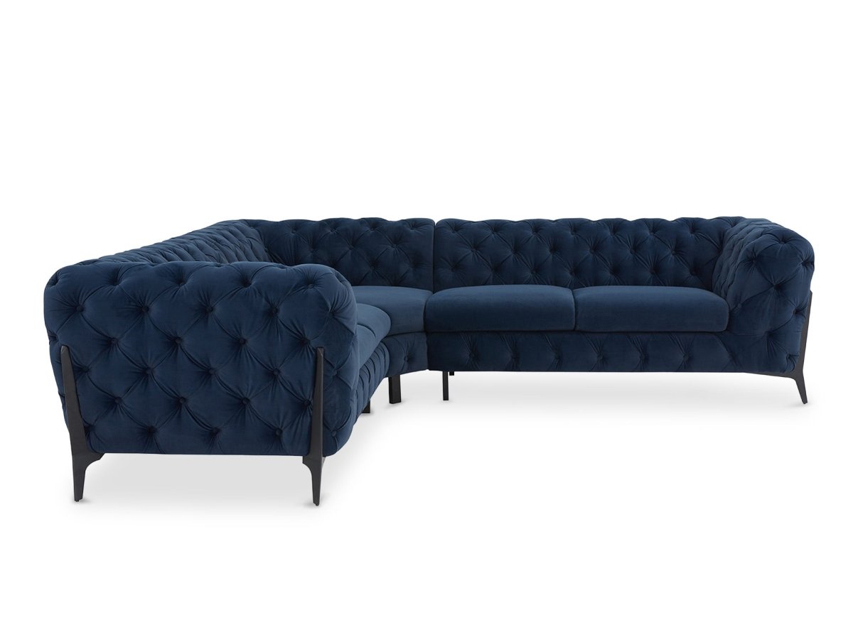 Canapé d'angle fixe capitonné chesterfield velours bleu CARMEN - DécoInParis
