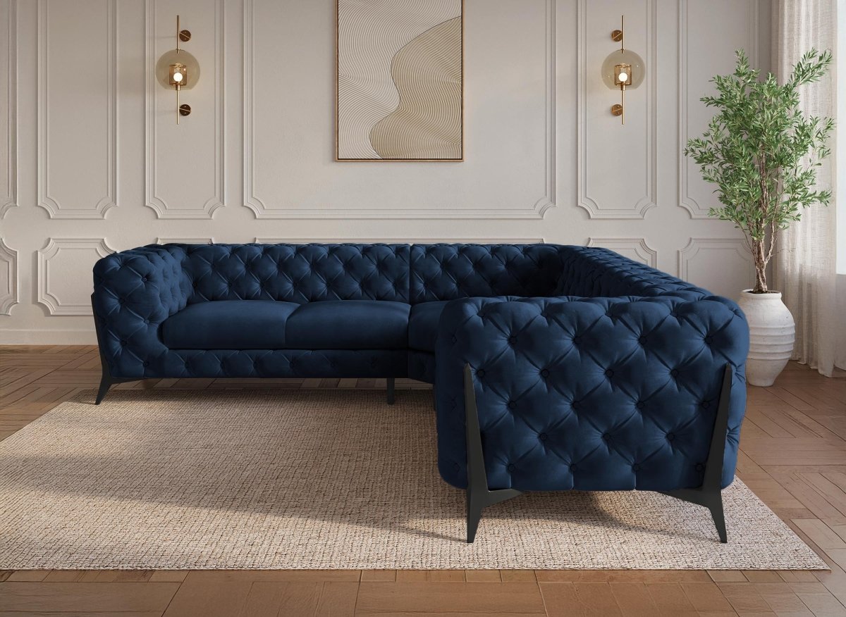 Canapé d'angle fixe capitonné chesterfield velours bleu CARMEN - DécoInParis