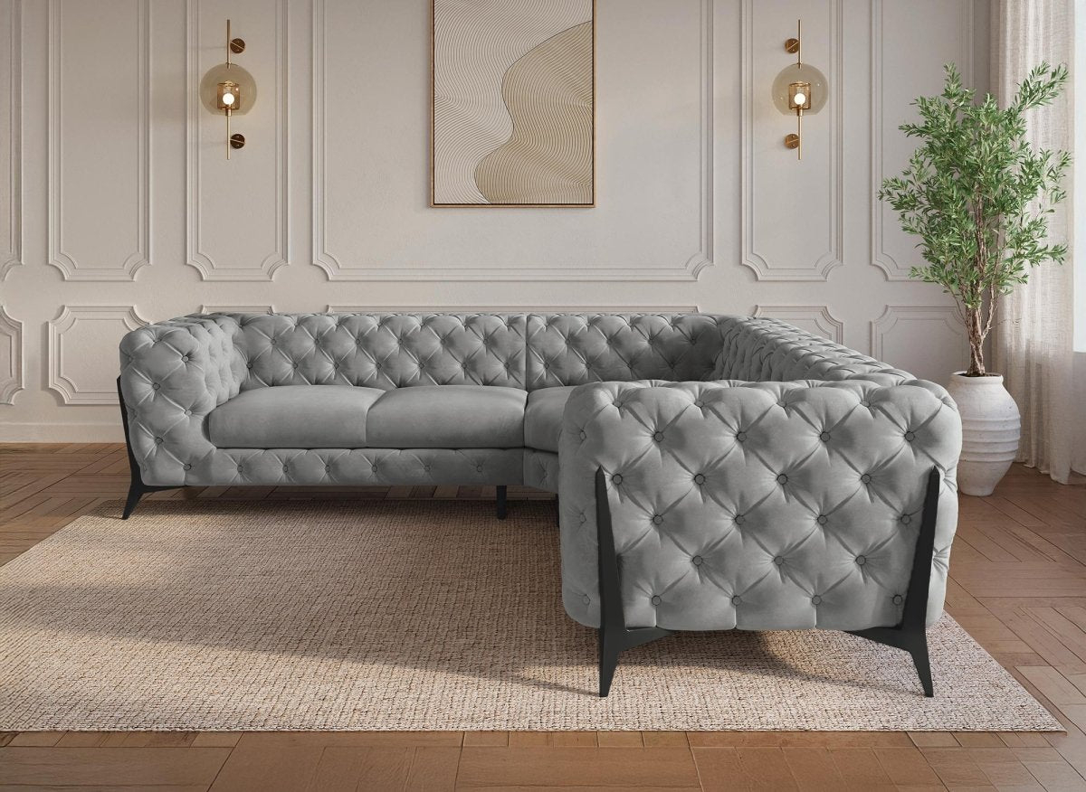 Canapé d'angle fixe capitonné chesterfield velours gris CARMEN - DécoInParis