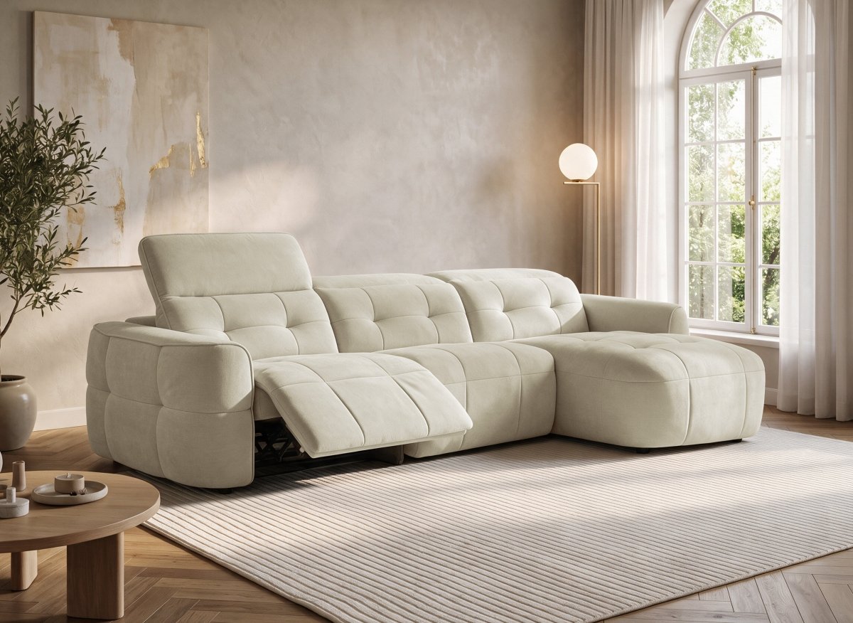 Canapé d'angle relax électrique en tissu beige FERDINAND - Angle droit - DécoInParis