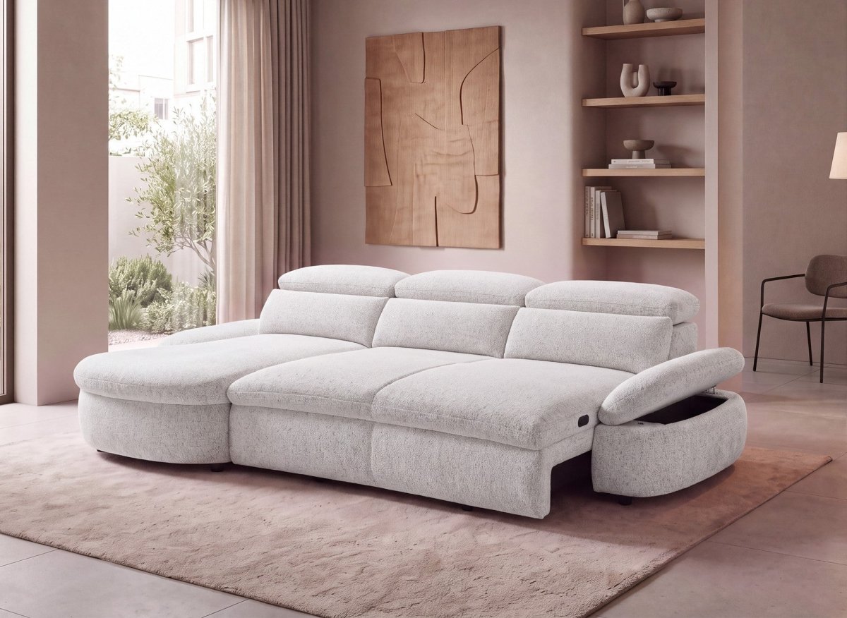 Canapé d'angle relax électrique en tissu bouclette beige CLEMENT - Angle gauche - DécoInParis