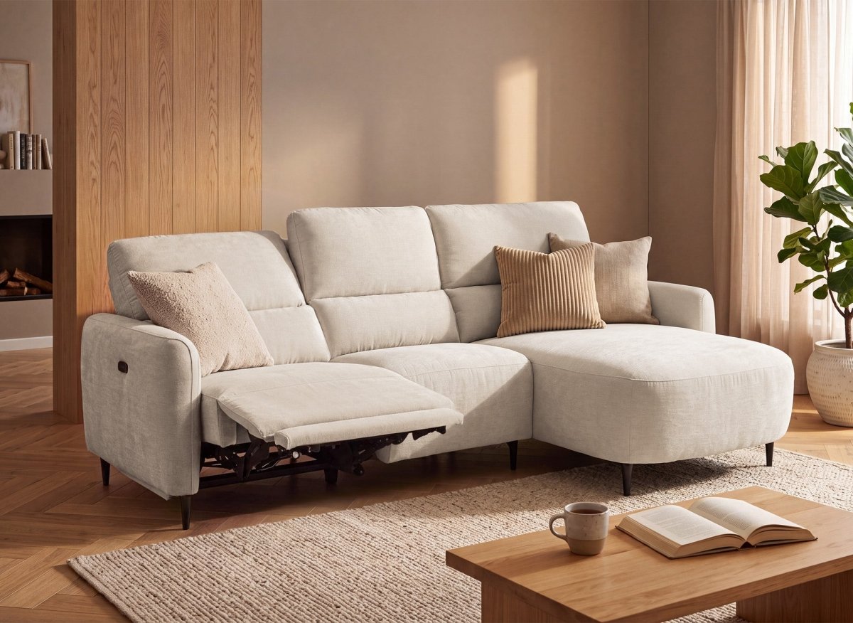 Canapé d'angle relax électrique en tissu texturé beige LAHYS - Angle droit - DécoInParis