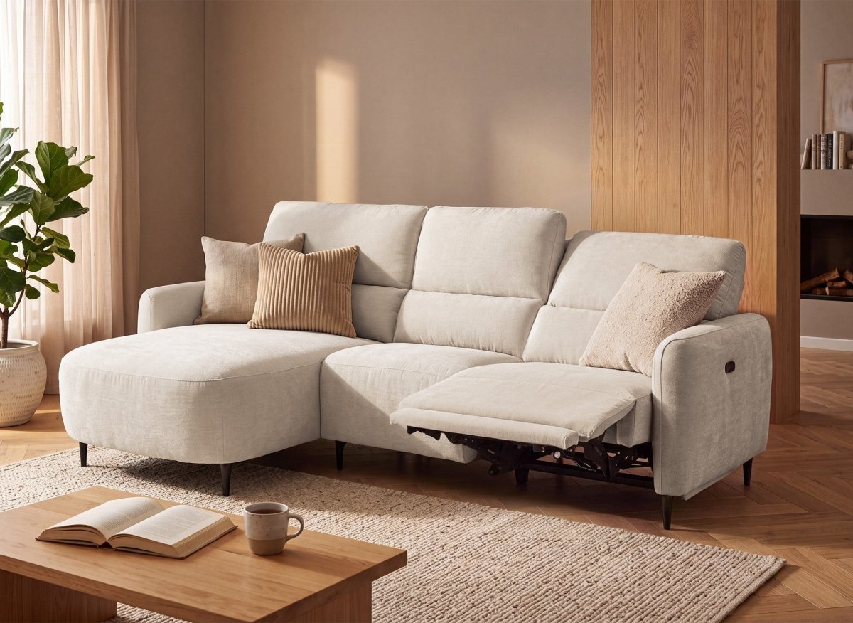 Canapé d'angle relax électrique en tissu texturé beige LAHYS - Angle gauche - DécoInParis