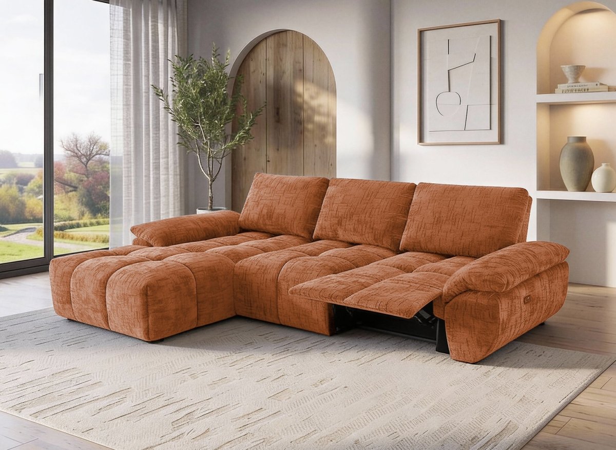Canapé d’angle relax électrique en velours chiné terracotta ALPES - Angle gauche - DécoInParis