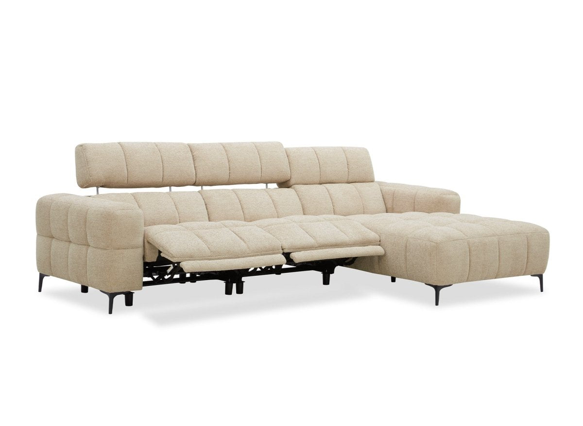 Canapé d'angle relax électrique en velours texturé taupe EDELMIRA - Angle droit - DécoInParis